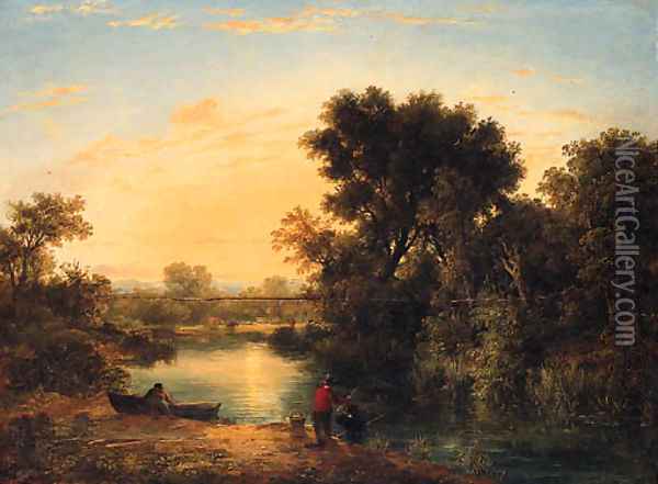 Anglers on the Bank of a tranquil River at Sunset Oil Painting - English School