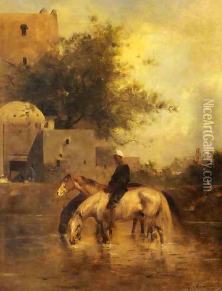 Horses Watering In A River Oil Painting - Eugene Fromentin