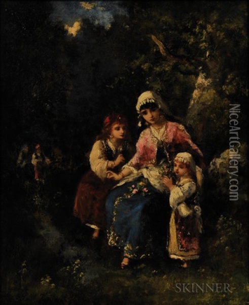 Three Girls At The Edge Of A Wood Oil Painting - Paul Vernon