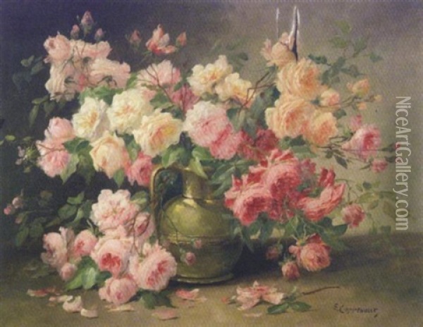 Pichet De Cuivre Et Jete De Roses Oil Painting - Edmond Van Coppenolle