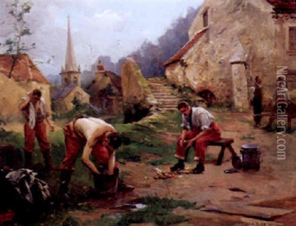 Soldaten Bei Der Morgendlihen Wasche In Einem Malerischen Kirchdorf Oil Painting - Alexandre Bloch