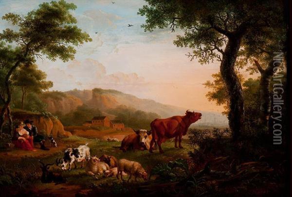 Pair Of Shepherds With Cattle Oil Painting - Johannes Lefever