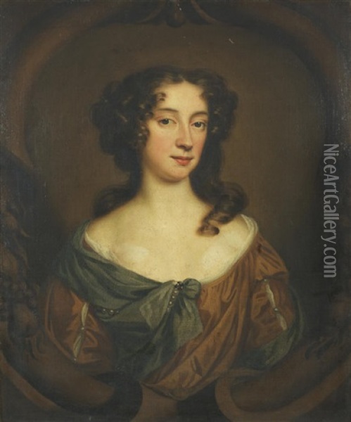 Portrait Of A Lady, Said To Be Miss Weston, Bust-length, In A Gold Dress With A Blue Sash Oil Painting - Mary Beale