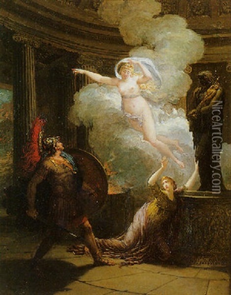 Helene S'etant Retiree Dans Le Temple De Vesta Pendant L'embrasement De Troie, Est Secourue Par Venus, Au Moment Ou Enee Allait L'immoler Oil Painting - Jean-Baptiste Regnault