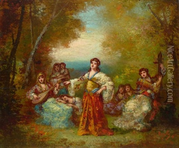 Musiciennes Et Danseuses Orientales Au Parc Oil Painting - Frederic Borgella