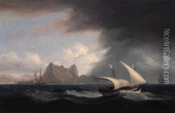 Gibraltar From The South East With A British Man Of War And A Xebec Oil Painting - Thomas Luny