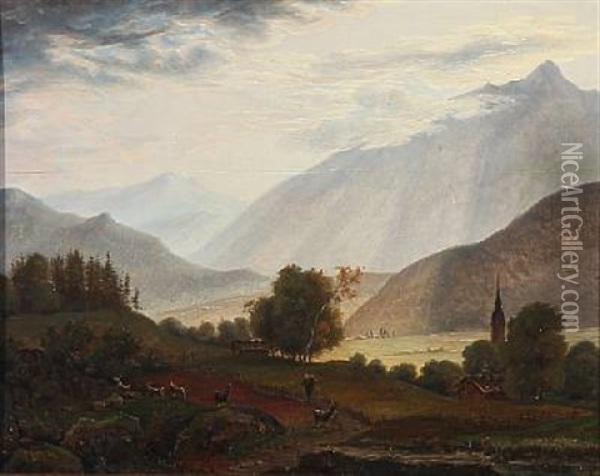 Mountain Landscape From Switzerland. The Sun Breaks Through The Clouds Oil Painting - Jens Peter (I.P.) Moeller