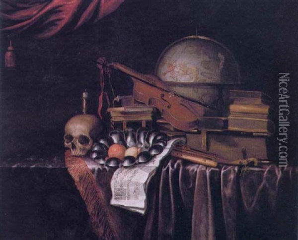 Nature Morte Med Globus, Musikinstrumenter, Boger Og Nodeblade Oil Painting - Pieter Gerritsz van Roestraten