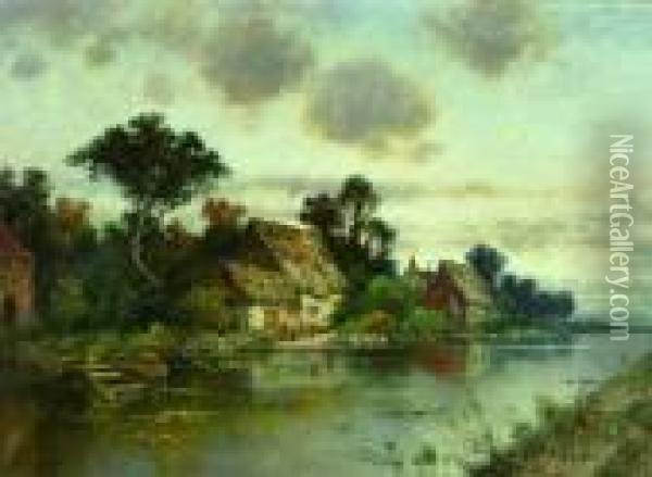 Flusslandschaft Mit Reetgedeckten Hausern. Oil Painting - Karl Heffner