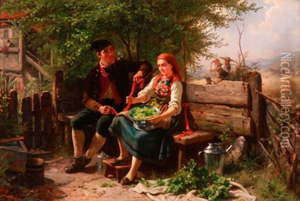 A Courting Scene Oil Painting - Carl Wilhelm Huebner