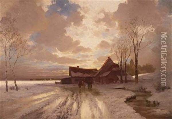 Sunset Winterscape Oil Painting - Carl Leopold