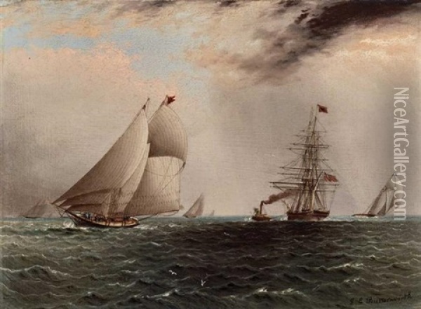 Yacht Race With Tugboat Towing A British Ship To Sea Oil Painting - James Edward Buttersworth