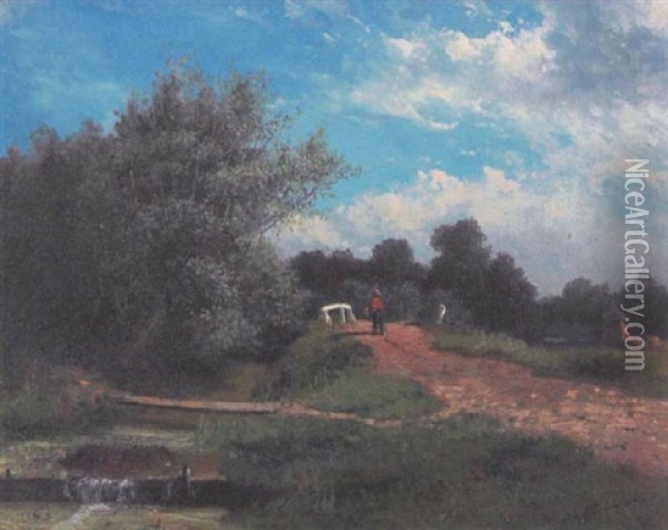 A Figure On A Road Near A River Oil Painting - Marinus Cornelis van de Poll