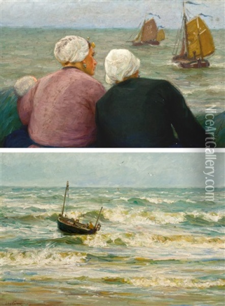 Marine Avec Bateau De Peche (+ Le Depart Des Pecheurs, Smllr; 2 Works) Oil Painting - Edgard Farasyn