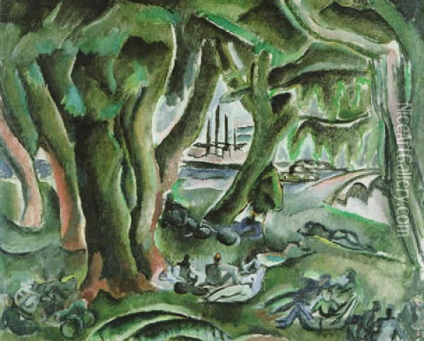 Wald Am Seine - Ufer Mit Lagernden Oil Painting - Georges (Karpeles) Kars