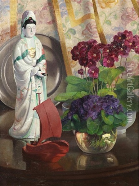 Still Life With Flowers And Asian Figurine Oil Painting - Emil Carlsen