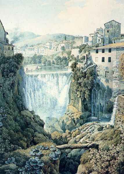 A Waterfall Outside An Italian Town Oil Painting - Filippo Giuntotardi