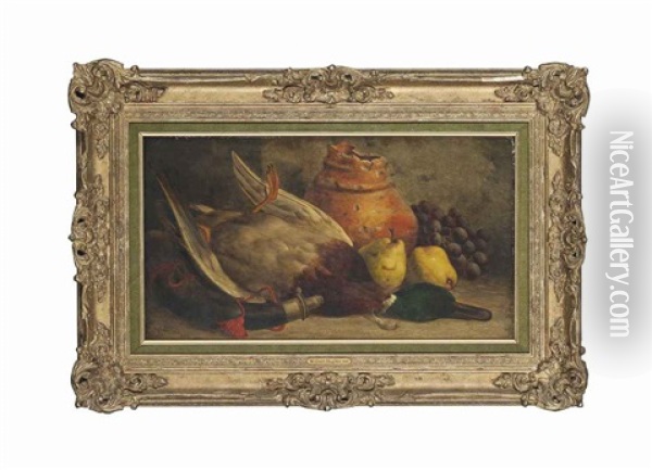 A Duck, Pears, Grapes And Pot, With A Casket To The Side Oil Painting - William Hughes