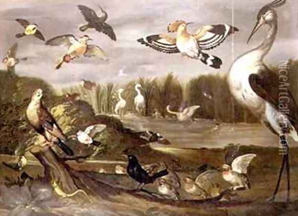 River landscape with a jay a stonechat a mallard a wagtail and other birds Oil Painting - Franz de Hamilton