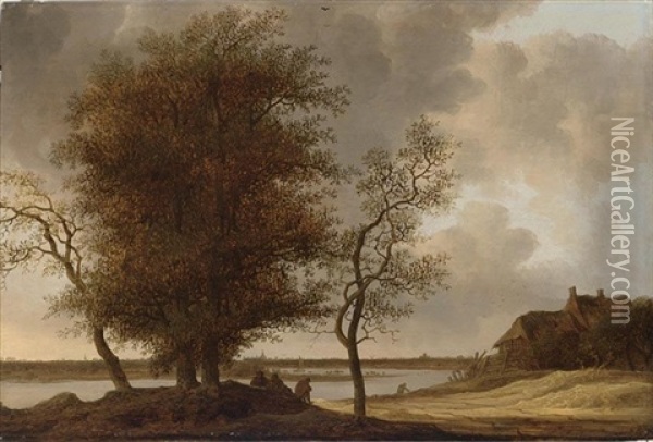 A River Landscape With Figures Resting Under A Tree, A Farmhouse To The Right, A Town In The Distance Oil Painting - Anthony Jansz van der Croos