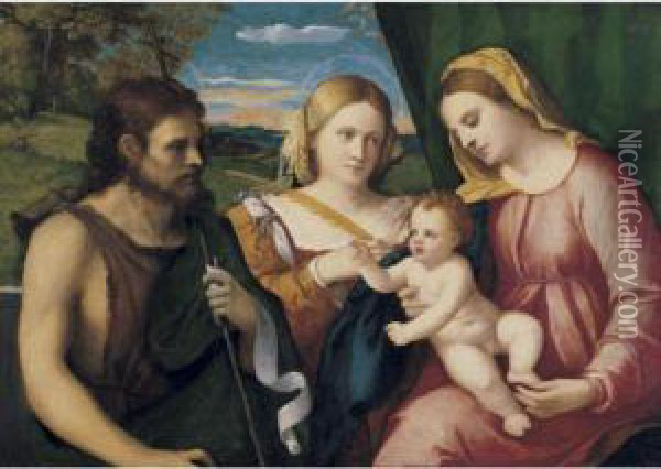 A 'sacra Conversazione': The 
Madonna And Child With Saints John The Baptist And A Female Saint 
(probably Saint Catherine) Oil Painting - Palma Vecchio (Jacopo Negretti)