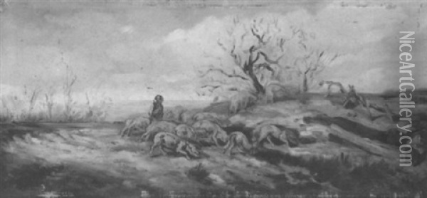 Schafer Mit Seiner Herde Vor Kleinem Baumhugel Oil Painting - Anton Burger