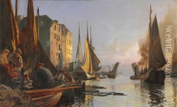 The Harbour At Knippelsbro In Copenhagen Oil Painting - Christian Ferdinand Andreas Molsted