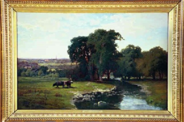 River Landscape With Distant Town Oil Painting - Charles Harry Eaton