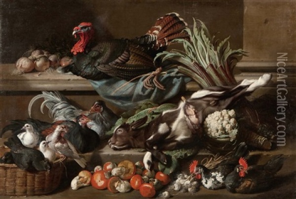 Poules Et Legumes Sur Des Entablements Oil Painting - Jaques van de Kerckhove