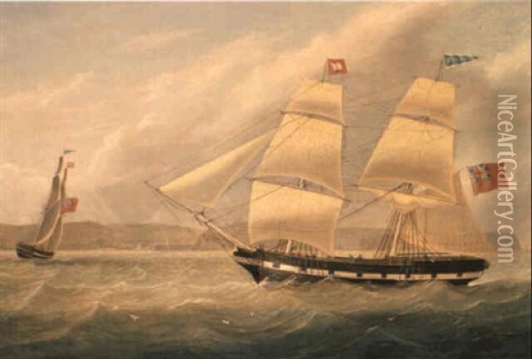 A Brig Zepher Sailing Offf The Shore Oil Painting - Joseph Heard