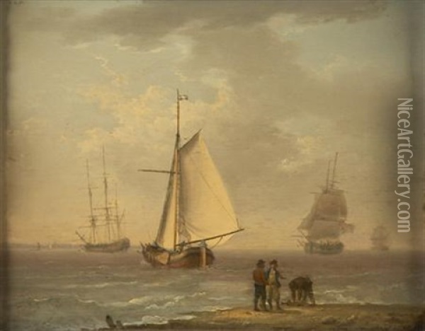 Sailing Vessels Off Shore Oil Painting - William Anderson