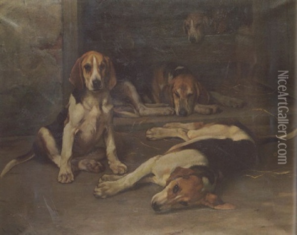 Two Couple Resting In A Kennel Oil Painting - Wright Barker