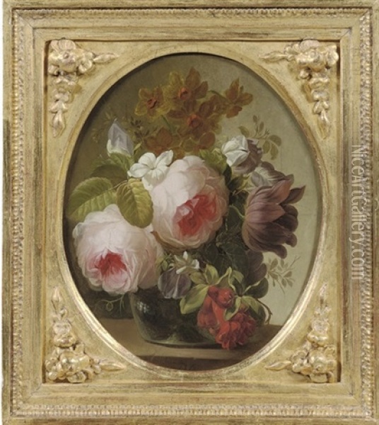 Pink Roses, Jasmine, A Tulip And Other Flowers In A Glass Vase On A Ledge Oil Painting - Georgius Jacobus Johannes van Os