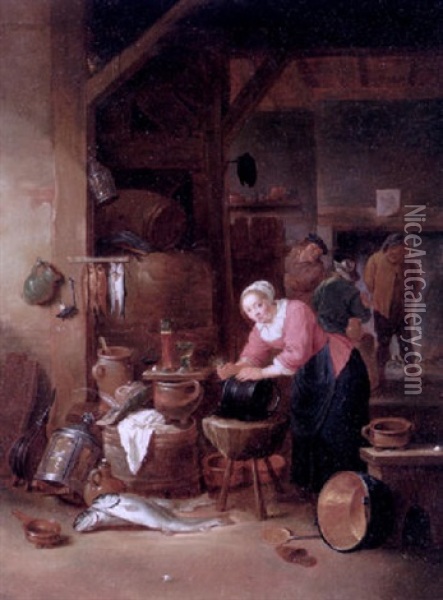 Interior Of A Tavern With A Woman Cleaning A Cauldron, Three Boers Drinking In Front Of An Open Fire Beyond Oil Painting - Matheus van Helmont