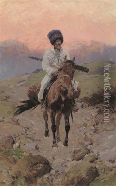 A Cossack On Horseback At Sunset Oil Painting - Franz Roubaud