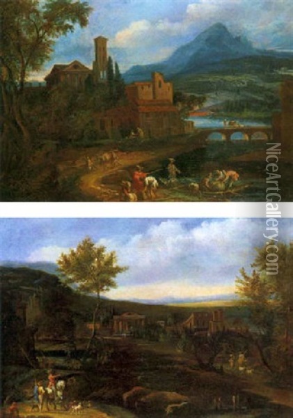 Paesaggio Fluviale Con Viandanti Ed Un Gruppo Di Casolari Oil Painting - Johann Anton Eismann