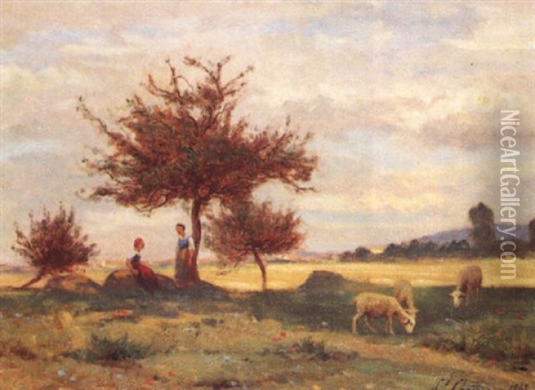 Paysage Aux Deux Bergeres Et Trois Moutons Oil Painting - Jean Ferdinand Chaigneau