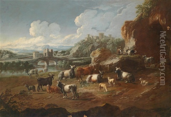 Campagnalandschaft Mit Lagerndem Hirten Und Vieh Oil Painting - Cajetan Roos