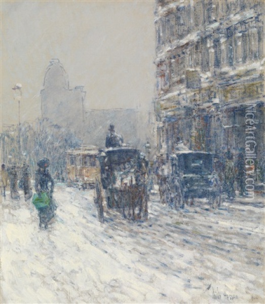 Winter, New York (winter Morning On Broadway) Oil Painting - Childe Hassam