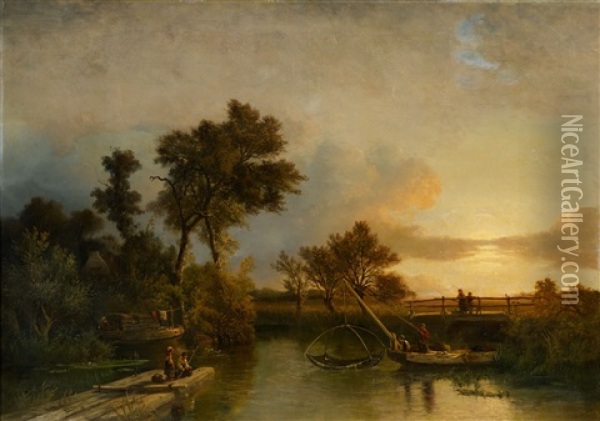 Evening Landscape With Chidren Fishing Oil Painting - Salomon Leonardus Verveer