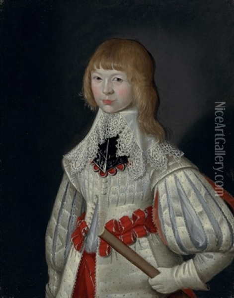 Portrait Of The Hon. Amias Poulett Wearing A White Jacket With Slashed Puff Sleeves And Red Ribbon Belts Oil Painting - Robert Peake the Elder