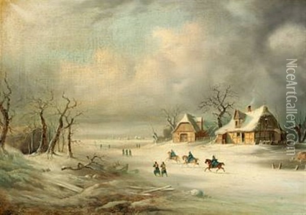 Winter Scene With Soldiers On Horseback Oil Painting - August Achilles