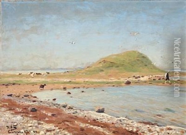 Beach Scene With Sheep And A Walking Man Oil Painting - Hans Andersen Brendekilde