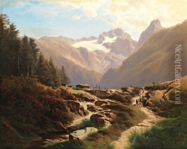 Blick Auf Den Dachstein Oil Painting - Leopold Heinrich Voescher