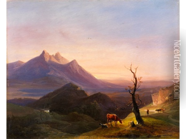 Gebirgige Landschaft Bei Sonnenuntergang Oil Painting - Max Joseph Wagenbauer