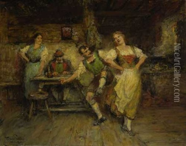 Lustige Unterhaltung In Der Bauernstube Oil Painting - Ferdinand Leeke