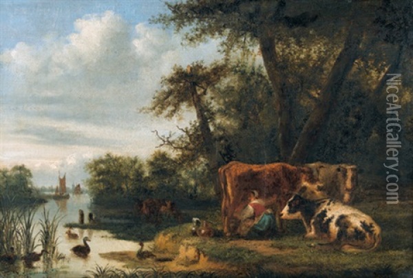 Uferpartie Mit Bauerin Beim Melken Der Kuhe Oil Painting - Paulus Potter