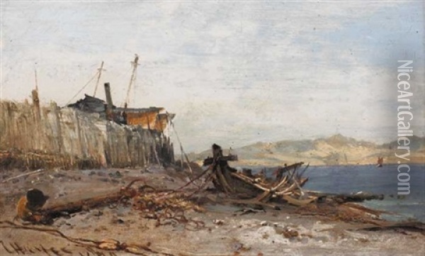 Old Pier, Old Wreck, Old Anchors At Padstow Beach Oil Painting - Edwin Hayes