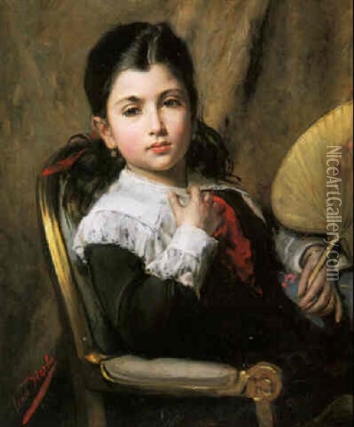 Young Girl With A Fan Oil Painting - Leon Herbo