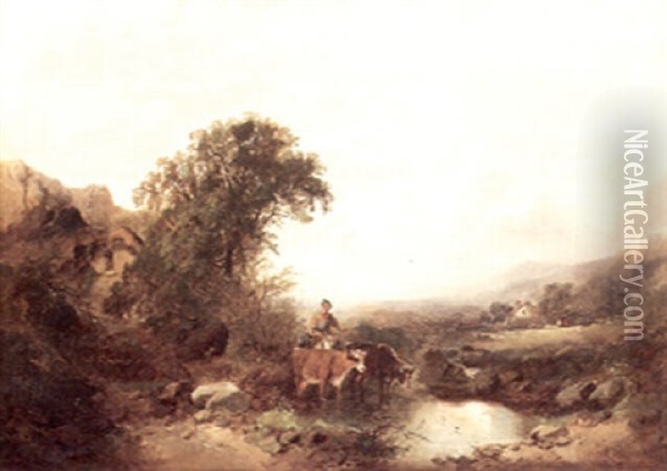 An Extensive Highland Landscape With A Cowherd And Cattle In The Foreground Oil Painting - Joseph Horlor